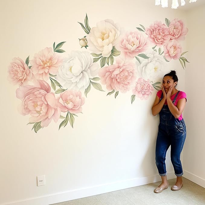 Zonon 6 Pcs Flower Wall Decals Peel and Stick Sticker, Colorful Peony | Vinyl Removable Wall Stickers & Murals, Watercolor Pink Peony Wall Decals, Colorful Floral Decor for Bedroom, Living Room - Image 2
