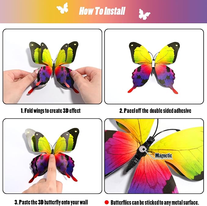 SAOROPEB 3D Butterfly Wall Decor, 24 Pcs Double Layer Butterfly Decorations for Party Decorations Locker Decor Refrigerator Decal, Reusable (Multicolor) | Double Layer for Party Decorations Locker Decor Refrigerator Decal, Reusable - Image 7