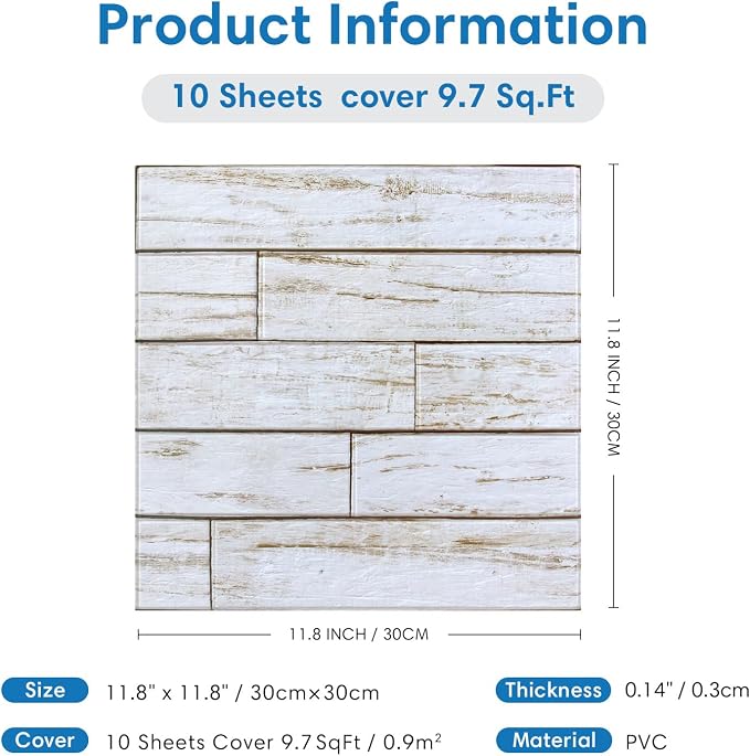 COMSTICKC 3D Faux Wood Wall Sticker Shiplap Peel and Stick for Wall Decor | 10 Pcs 11.8" x 11.8", Not Real Wood, Ultra-Light Thin PVC 3D Fake Wood Decorative Tiles Wall Panels, Cover 9.7 sq ft - Image 5