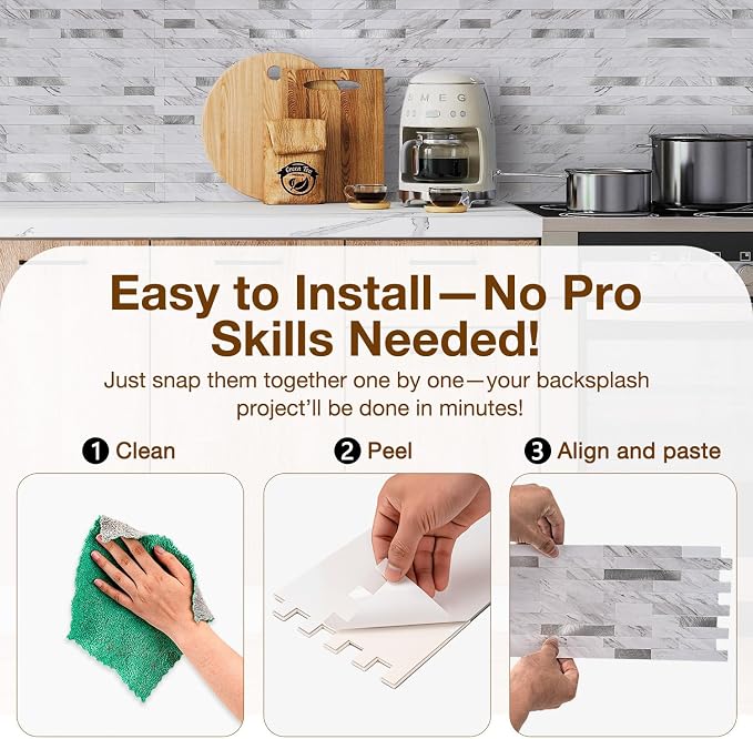 Peel and Stick Backsplash Tile Waterproof Removable PVC Wall Sticker 3D Faux Stone Marble Brick White Accent Panels (White Marble - Metal Silver, 20 Tiles - 9 sq. ft. (0.84 M²)) - Image 5