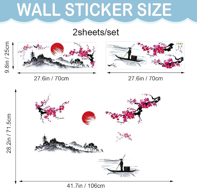 Japanese Wall Decor Stickers Wall Decals, Red Cherry Blossom | Splash Ink Landscape Painting, Mountain River Fisherman Mural, Removable Peel and Stick, For Bedroom Living Room TV Nursery - Image 2