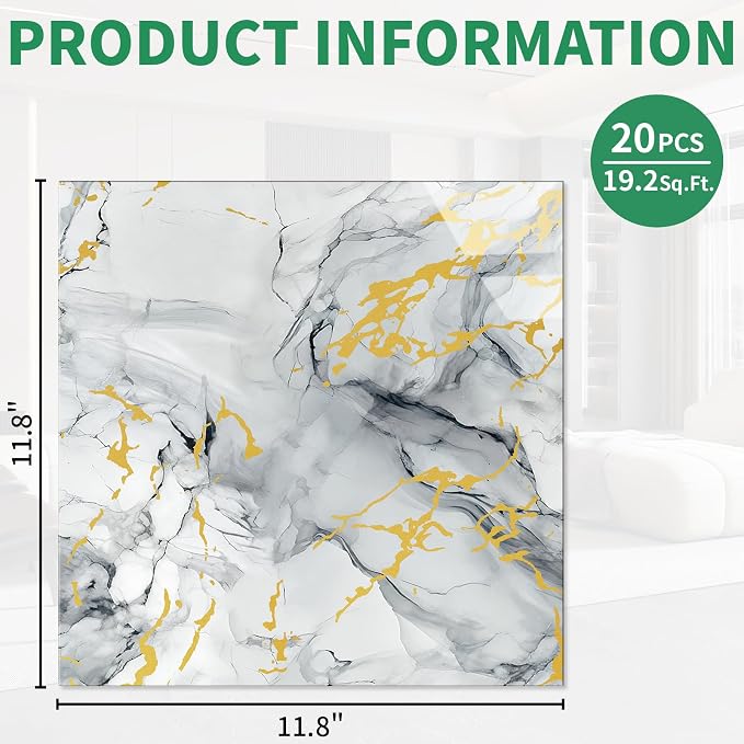 20pcs Marble Peel and Stick Backsplash Wall Tiles, Waterproof Shower Wall Panels, 11.8"x11.8" Peel and Stick Tile for Home Bathroom, Kitchen, Washroom, Living Room, Blue and Gold (Not Real Tile) - Image 2