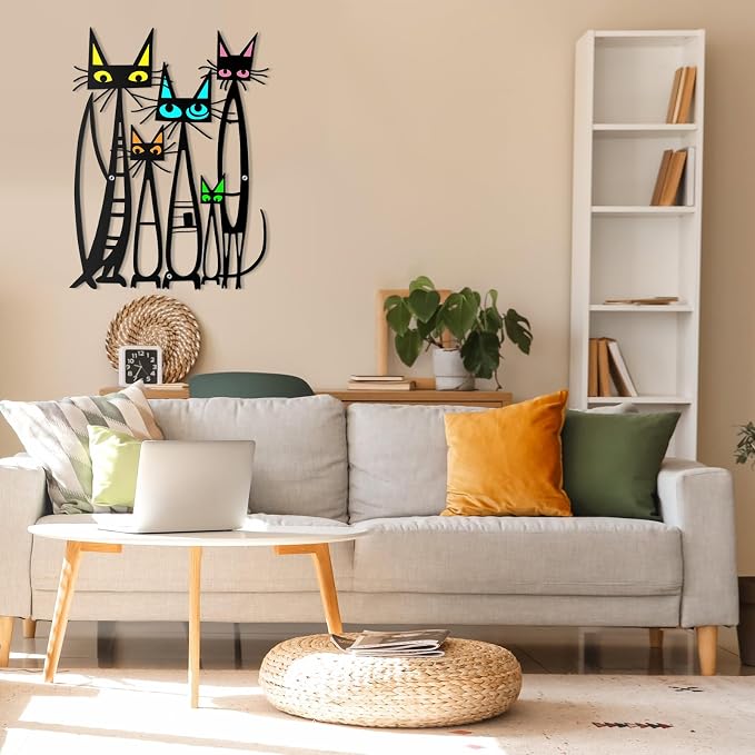 Wesiti Metal Cat Wall Art Decor 10.6x15.7 Inches Colorful Mid Century | Iron Sculpture with 5 Felines, Retro Pictures, Living Room Bedroom Kitchen Decor, Geometric Design, Lover Gift - Image 5