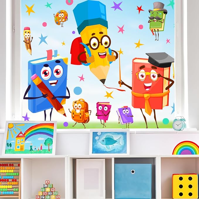 Cartoon Book Window Clings Colorful Double Side Kids Stickers for Classroom | Non-adhesive back to school stickers for glass funny static clings decoration pencil decals for nursery playroom door library by kokolap