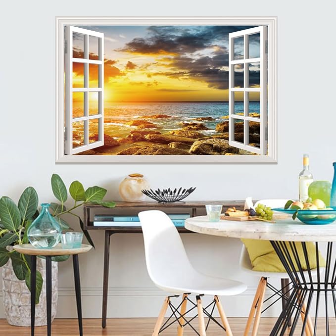 Fake Window Wall Sticker- Sunset Beach Seascape Open Wall Art Decal | Faux Window Ocean Natural Landscape Mural｜Stick and Peel Wall Decals｜Room Bedroom Office Scene Decor｜48"x32",Set of 2 Sheets - Image 7
