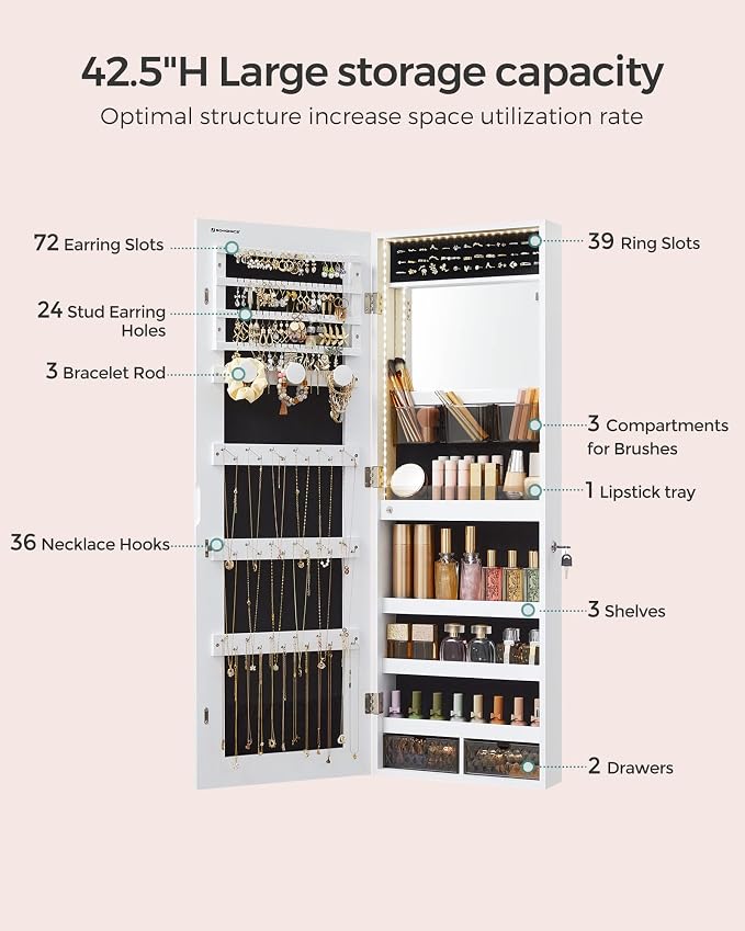 SONGMICS Mirror Jewelry Cabinet Armoire, Wall or Door Mounted, Lockable - Image 4