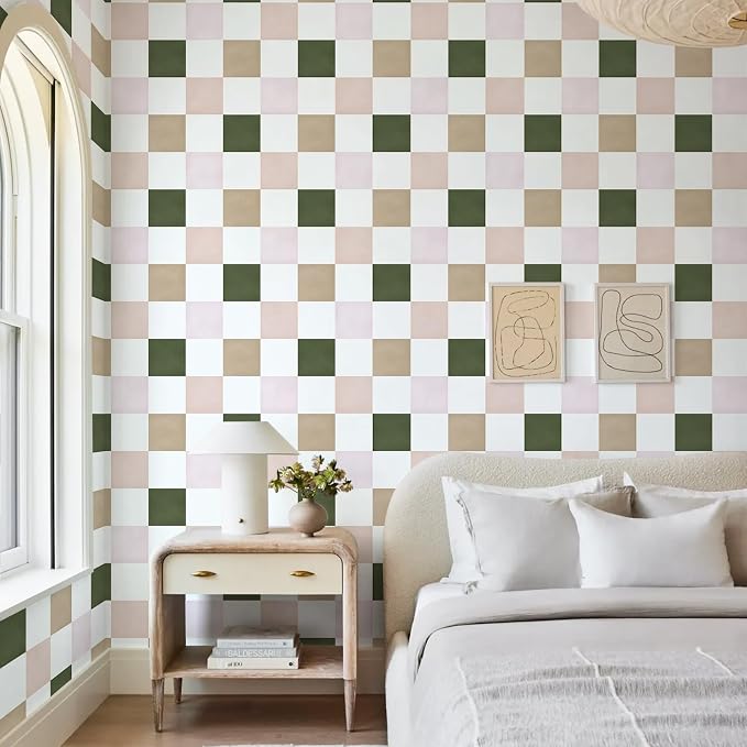 Ismoon Modern Peel and Stick Wallpaper Pink and Green Checkered Contact Paper Removale Self-Adhesive Stick on Wallpaper for Bedroom Bathroom Shlef Cabinet Décor 17.3in x 49.2ft - Image 7