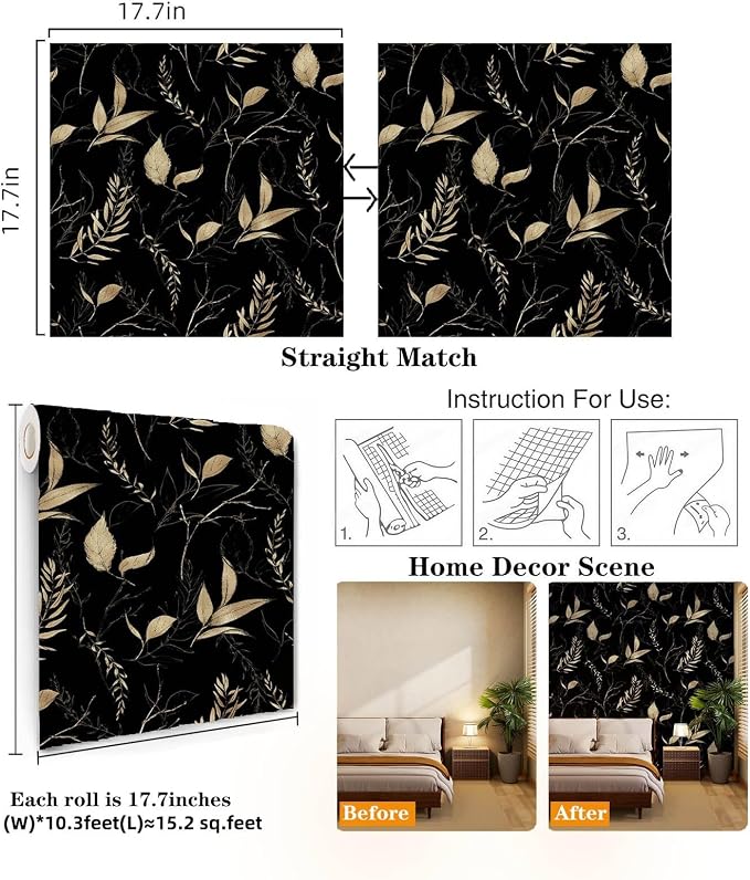 Dark Black and Gold Leaf Peel and Stick Wallpaper 17.7" x 124" | Self-adhesive removable waterproof leaf design for bedroom accent walls and renter friendly spaces - Image 5