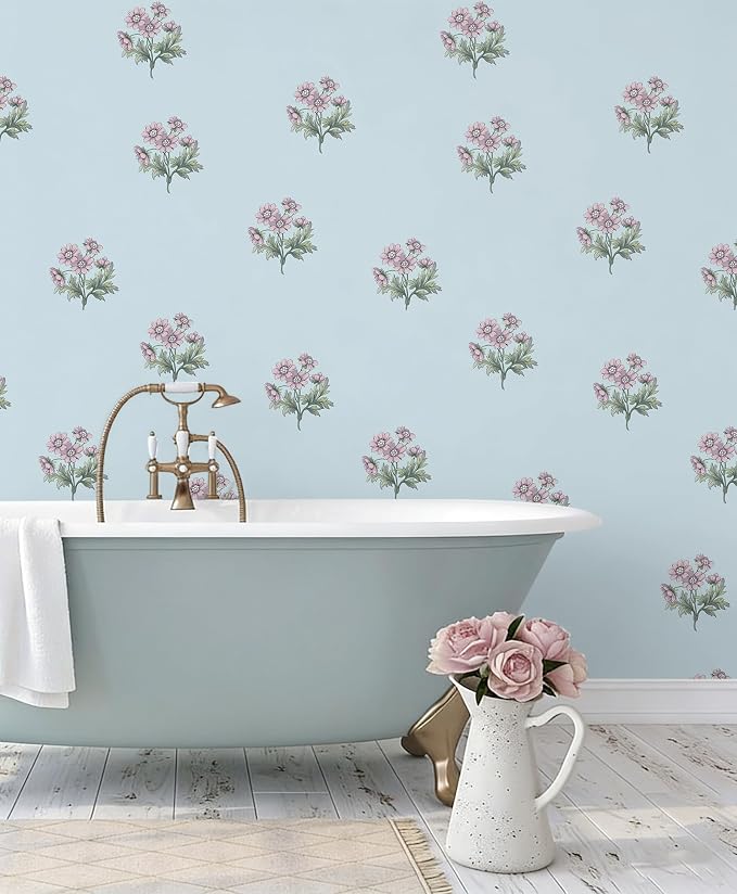 Toduso Peel and Stick Wallpaper Blue Wallpaper with Pink Floral Vintage Contact Paper Flower Removable Self Adhesive Waterproof Wall Paper for Farmhouse Bedroom Bathroom Living Room 17.3" x 78.7" - Image 3