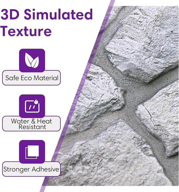 3D Peel and Stick Faux Stone Wall Panels 11.8" x 11.8" 10-Pack | Gray, Stone-Look Textured Wall Sticker, Thin Lightweight PVC Self Adhesive Wall Tiles for Interior Decor, Cover 9.7 sq ft - Image 3