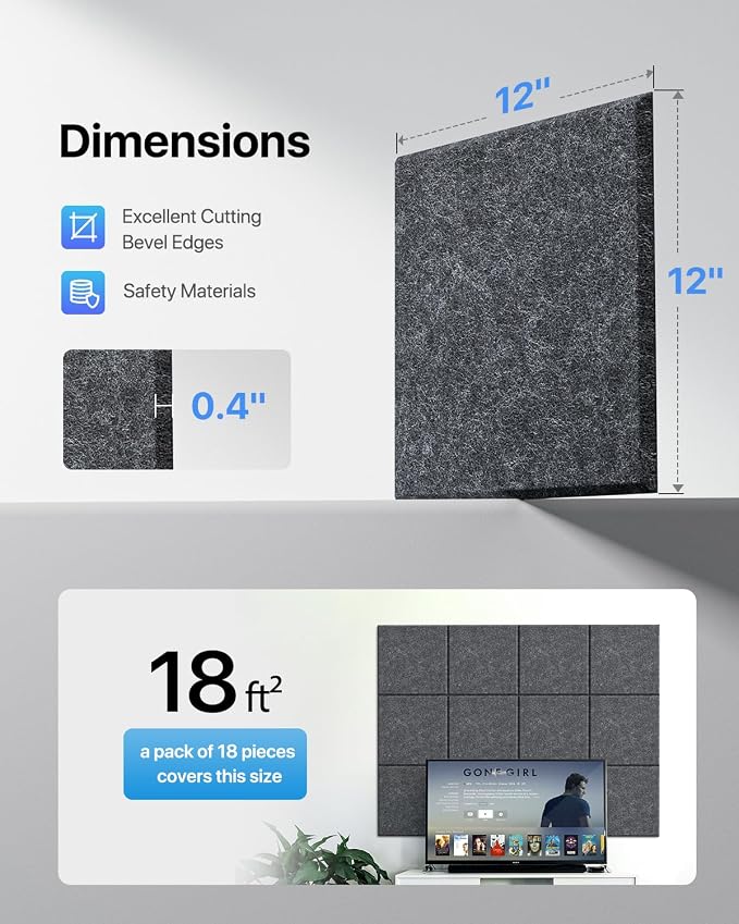 Soundsbay Self-Adhesive Soundproof Wall Panels 18 Pack 12"x12" Black | Square Acoustic Panels, 150kg/m³ High Density Covers 18 sq ft, Sound Proof Panels for Walls, Home Office, Bedroom - Image 5