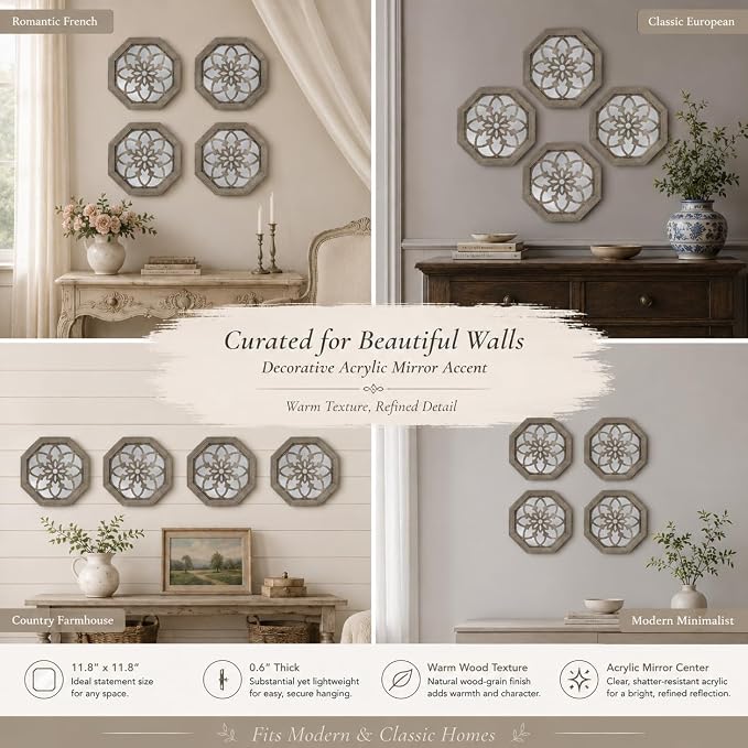 4 Pack 12 Inch Octagon Brown Rustic Wood Frame Acrylic Wall Mirrors, Farmhouse Boho Wall Art Decor for Living Room, Bedroom, Hallway, Entryway, Bathroom & Office - Image 9