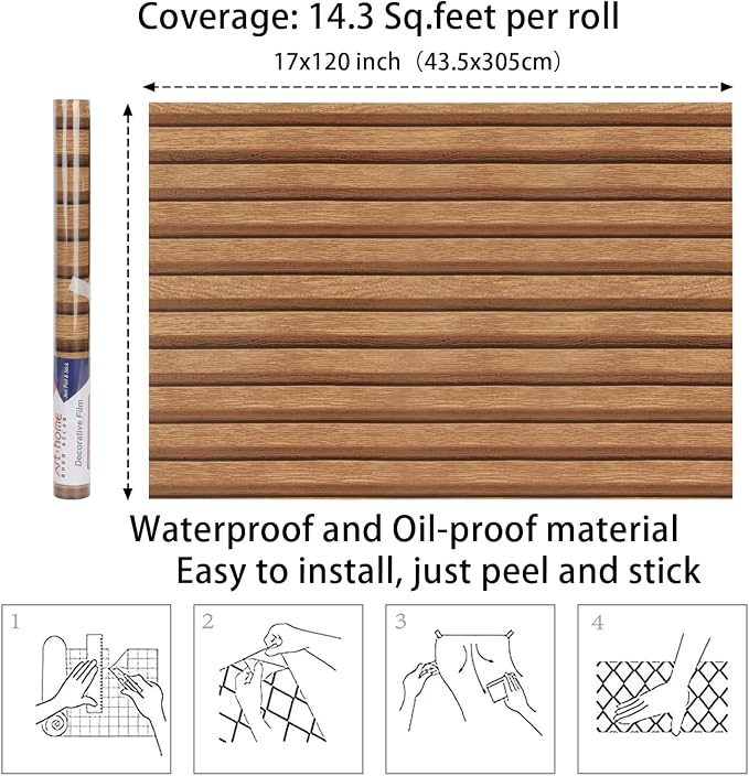 Arthome 17''x120'' Wood Slat Wallpaper, Peel and Stick Self Adhesive Wood Wallpaper PVC Vinyl Decorative Removable Wallpaper Waterproof Faux Wood Grating Stripe Contact Paper for Living Room Bedroom - Image 7