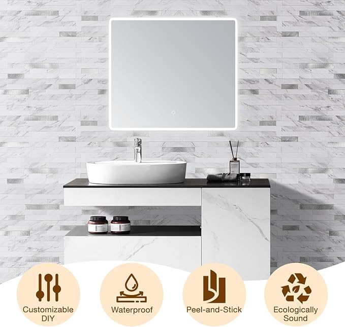 Peel and Stick Backsplash Tile Waterproof Removable PVC Wall Sticker 3D Faux Stone Marble Brick White Accent Panels (White Marble - Metal Silver, 20 Tiles - 9 sq. ft. (0.84 M²)) - Image 8
