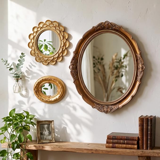 Kathfly 6 Pack Vintage Gold Mirror for Wall Gold Antique Wall Hanging Mirrors for Bedroom Decorative Resin Frame Baroque Style Assorted Sizes Tabletop Tray for Gallery Home Living Room Decor(Mixed) - Image 2