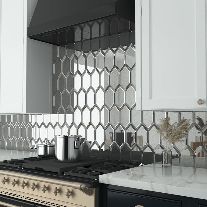 Peel and Stick Beveled Antique Mirror Tile, Mirror Backsplash Tiles for Kitchen Bathroom Wall 4x6 Inch Long Hexagon 30 Pcs, 4.8 SQ.FT - Image 6