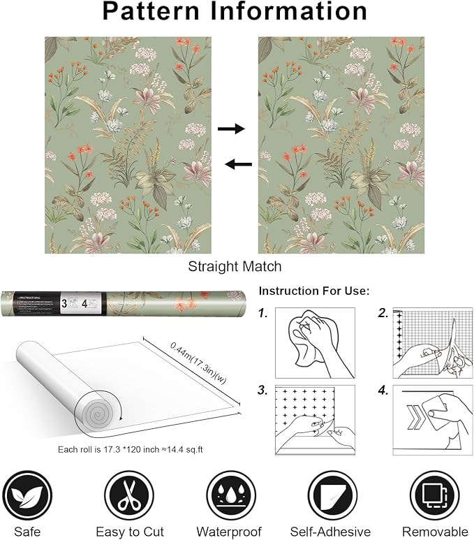 Simon&Siff Vintage Floral Peel and Stick Wallpaper 120"x17.3" | Sage Green Botanical Contact Paper, Self Adhesive Removable Wall Paper, Renter Friendly, Bedroom Cabinets DIY Decor - Image 7