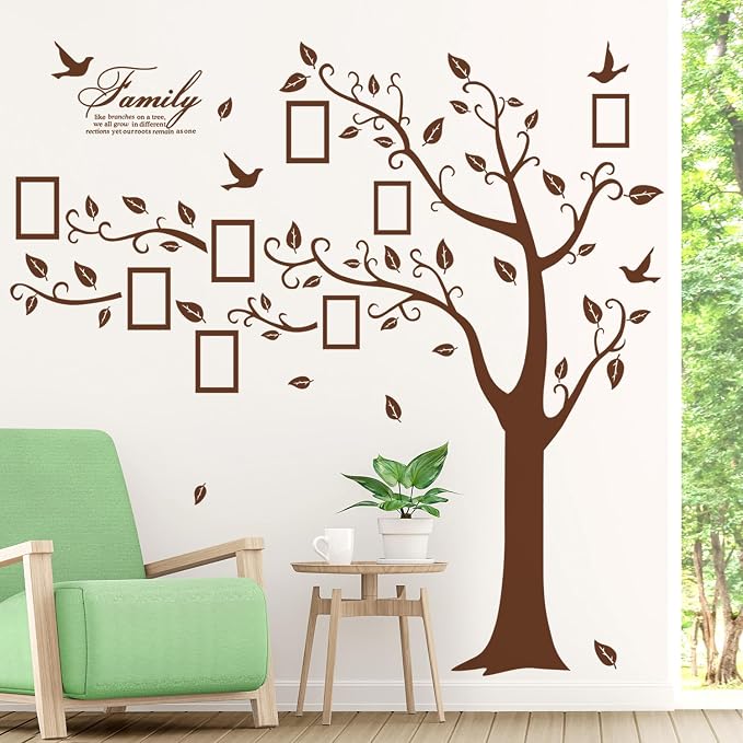 Large Family Photo Tree Wall Sticker 3D Peel and Stick Vinyl Photo Frame Tree Wall Decals Removable Quotes Leaf and Birds Wall Decor for Home Kids Bedroom Living Room Classroom Nursery (Left, Brown) by AMAMAONM