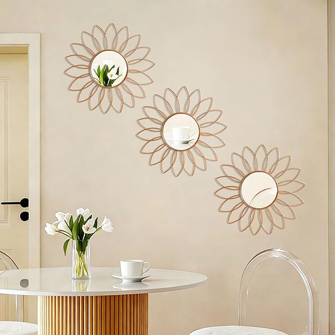 3 Pack Metal Mirrors for Wall Sunburst Wall Mirrors Home Décor Decorative Hanging Wall Art for Living Room Bedroom Entryway (Rose Gold2, Flowers) - Image 4