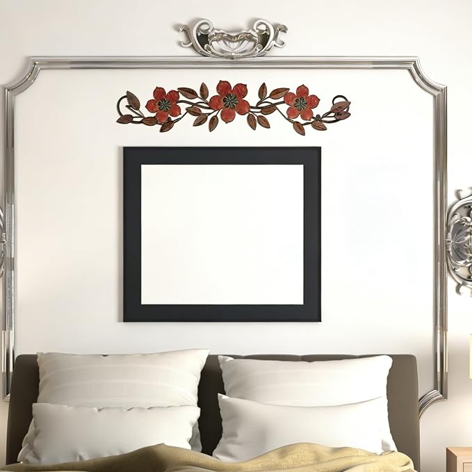 Wesiti Metal Flower Wall Decor Wrought Iron Scroll 15.7x3.7,Red | Vintage Metal Flower decor,Farmhouse Leaf Art with Nails, Flat Not 3D Design, For Bedroom Kitchen Indoor Outdoor Wall Decor - Image 6
