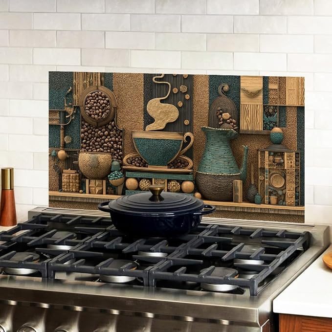 Coffee Bean Teal Mosaic Kitchen Backsplash Peel and Stick, 30x16 in | Mosaic coffee beans, steaming cup and teal pitchers in brown and teal tones; flat 2D peel and stick; wipe clean; 30x16 in - Image 2