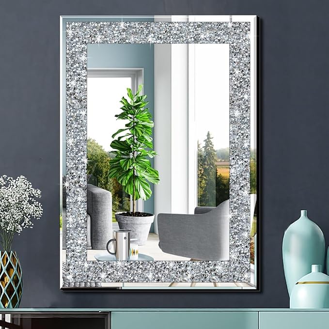 QMDECOR Crystal Crush Diamond Rectangle Silver Mirror for Wall Decoration 20x28inch Wall Hang Frameless Mirror Glass Diamond Decor. by QMDECOR