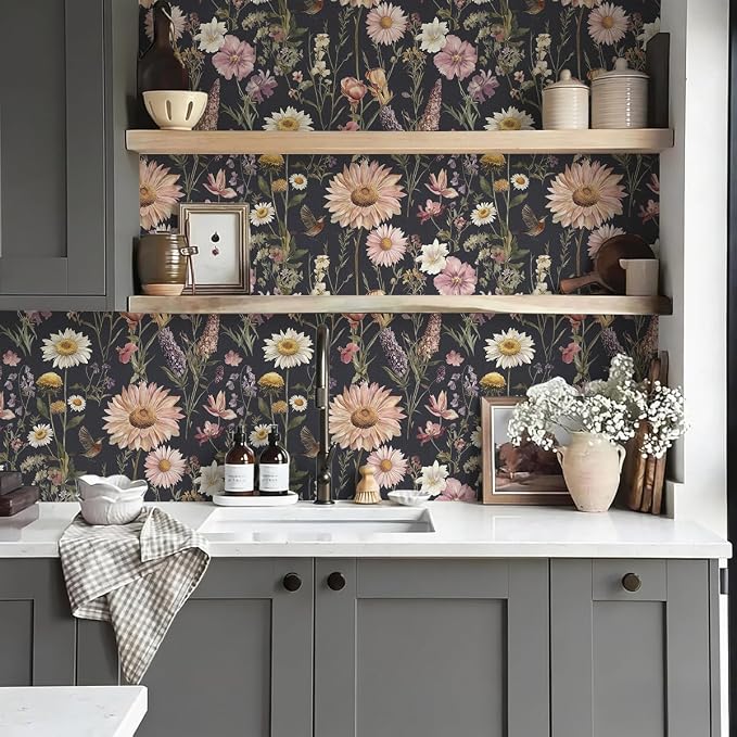 Livebor Dark Floral Peel and Stick Wallpaper for Bathroom 16.9” x 196.8” | Vintage Floral Contact Paper Waterproof Birds Boho Flower Self Adhesive Removable Wall Paper Decorative for Cabinets Vinyl - Image 8