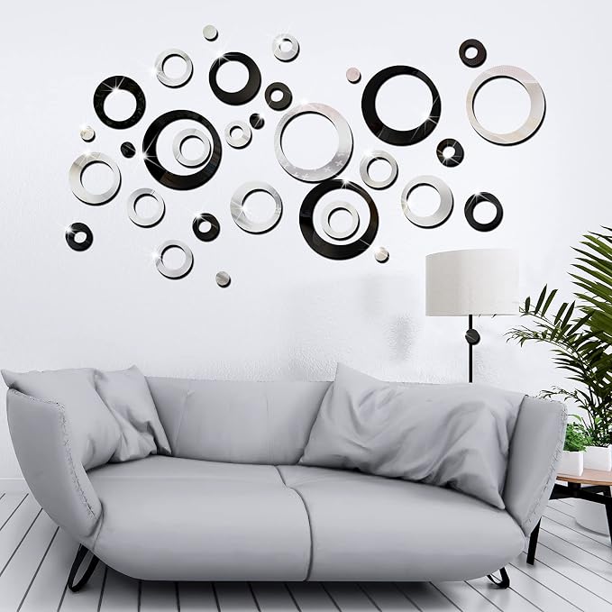 Outus 72 Pieces Wall Stickers Decor Acrylic Circle Mirror Removable Black and Sliver Wall Decor Round Dots DIY Red Living Room Decals Modern Art Murals for Home Bathroom Bedroom Decoration - Image 5