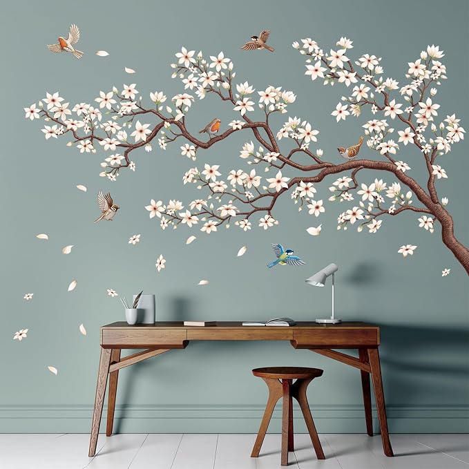 DECOWALL Large Cherry Blossom Tree Wall Stickers Decals Wall Art (SG4-2317) | Peel and stick, removable, large white flowers, birds, falling petals; elegant decor for bedroom, living room, nursery walls. by DECOWALL