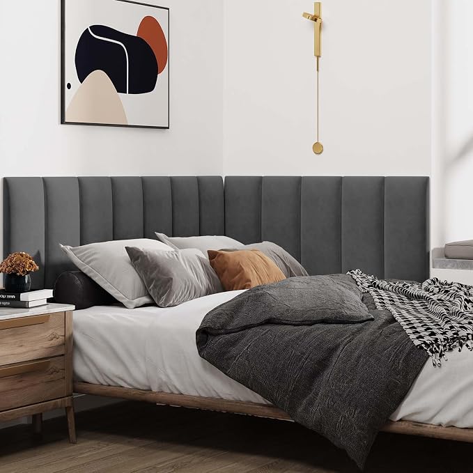 IFNOW Wall Mounted Headboard, Peel and Stick Panels, Dark Grey, Queen | Upholstered 3D Soundproof Acoustic Panels, Reusable and Removable, Padded Leather Bed Headboard, 6 Panels, 9.84" x 23.62" - Image 4