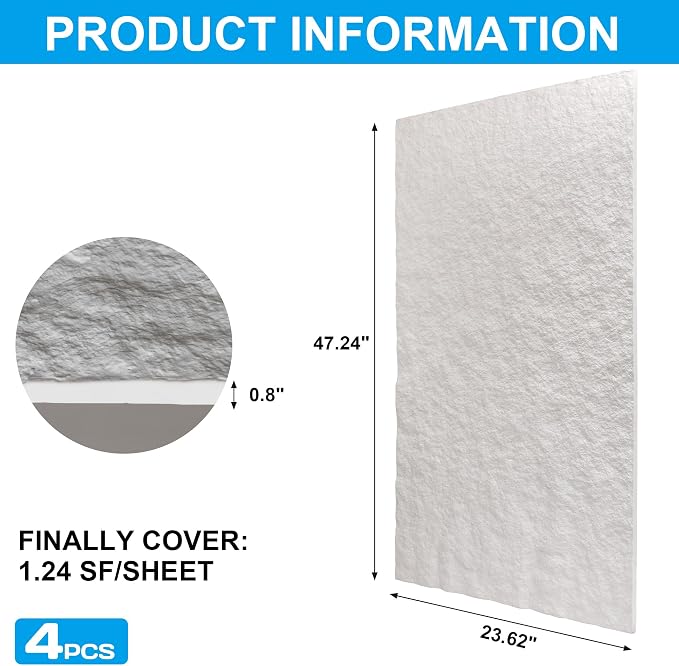 3D Faux Stone PU Wall Panels for Interior Decor, 4 Pieces, White | Cement Texture Accent Wainscoting Panel for Home, Office, 47.2" × 23.6" - Image 3