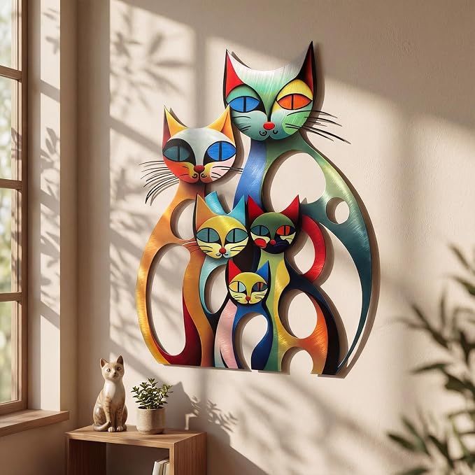 Wesiti Cat Wall Art Metal Sculpture Colorful Mid Century Decor 13.78x11 | Iron Sculpture for Feline Lovers, Retro Design for Living Room Bedroom Office, Vibrant Colorful Home Decoration - Image 3