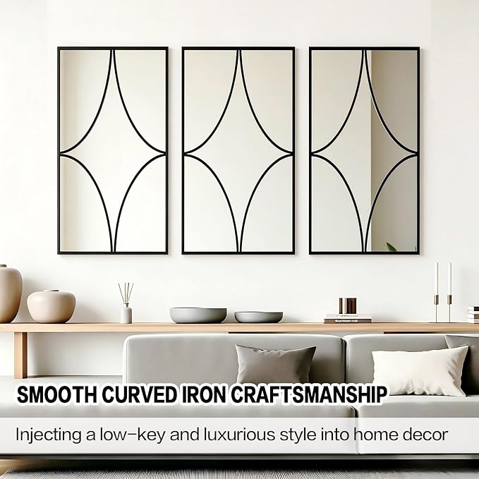 Set of 3 Large Rectangular Wall Mirror, Black Rust Resistant Metal Frame Decorative Mirror,Multi-Shape Layout Wall Mount Mirror for Living Room Bedroom Entryway,Dual Use Decor Grooming - Image 2