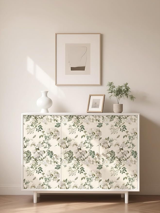 Wudnaye Green Floral Peel and Stick Wallpaper Vintage Flower 16.9"×118" | Botanical Peel and Stick Wallpaper Green Beige Rose Self Adhesive Removable Contact Paper Waterproof for Kitchen Bathroom - Image 6