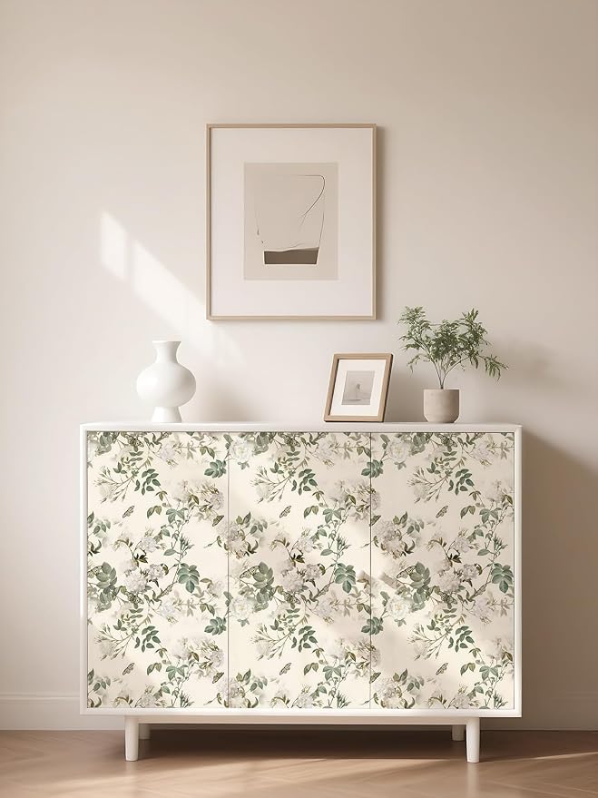 Wudnaye Green Floral Peel and Stick Wallpaper Vintage Flower 16.9"×196" | Botanical Peel and Stick Wallpaper Green Beige Rose Self Adhesive Removable Contact Paper Waterproof for Kitchen Bathroom - Image 6