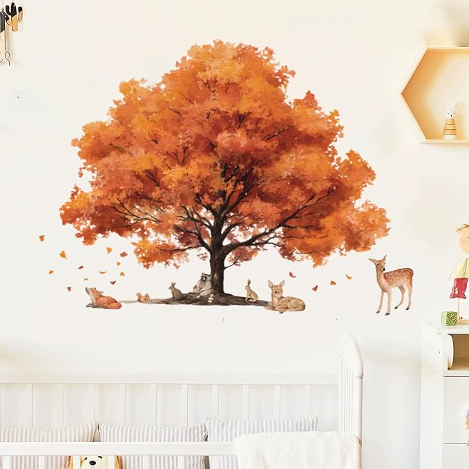 Autumn Tree Wall Decals Woodland Animal Wall Sticker Large Fall Orange Tree Vinyl Mural with Deer Fox Rabbit Squirrel Raccoon Removable Nature Wall Art for Nursery Playroom Bedroom Living Room Class - Image 6
