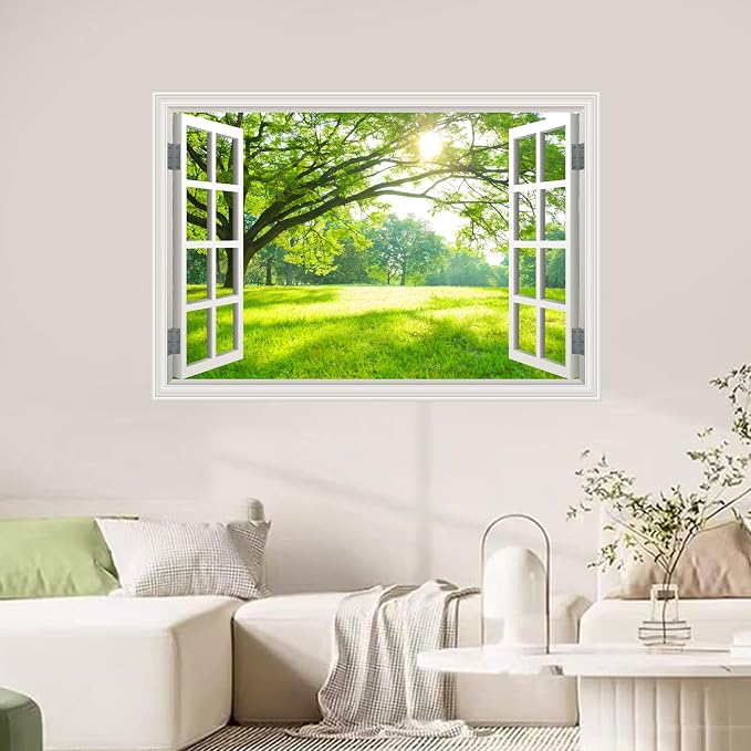 Fake Window Wall Mural Green Forest Tree Wall Art Poster Faux Window Wall Sticker for Office Home Room Decor, Peel and Stick Wall Decals 48" x 32" Set of 2 Sheets - Image 7
