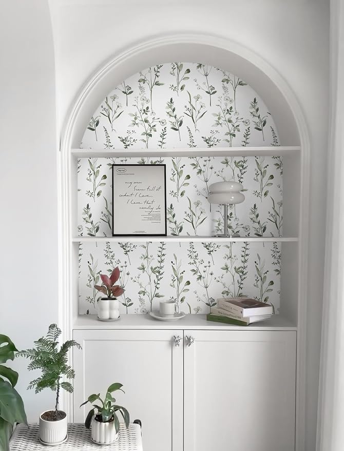 Peel and Stick Wallpaper for Bedroom Green Leaves Self-Adhesive | 393"×17.3" Green and White Wallpaper Fresh Accent Wall Decor with Grid Lines for Bathroom Vinyl Waterproof - Image 5