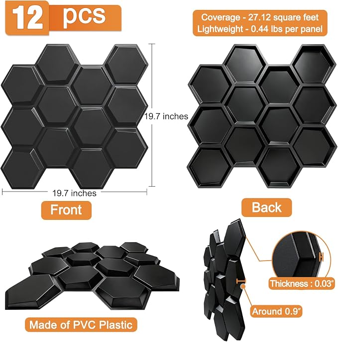 TroyStudio Hexagon Acoustic Sound Diffuser Panels, 19.7 X 19.7 X 0.9 inches 12 Pcs Black PVC Plastic 3D Wall Panel, Recording Studio Acoustical Treatment Diffusion panel, Art Decorative Ceiling Tiles - Image 2