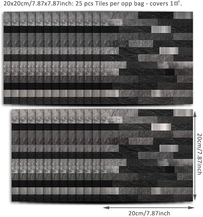 Alwayspon 25 Pcs Self-Adhesive Tile Transfer, Peel and Stick Tile Decal, Water-Proof Backsplash Wall Tile Sticker for Kitchen Bathroom Decor, Black Brick Metal Marble, 8x8inch - Image 5