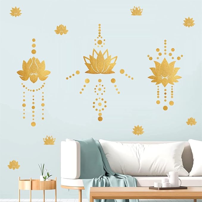 Lotus Flower Wall Decals Golden Wall Stickers Modern Yoga Room Art Sticker | Lotus wall art decor, peel and stick, gold removable vinyl art mural, mandala decoration, for bedroom living room nursery - Image 2