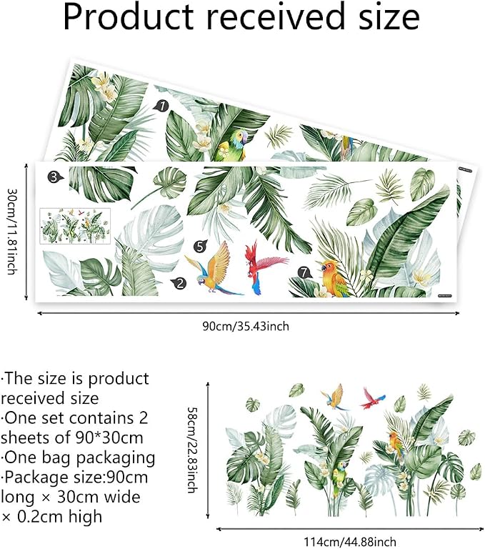Jungle Wall Decals Peel and Stick, Large Tropical Palm Leaves & Parrot Wall Stickers, Removable Watercolor Forest Mural for Living Room, Bedroom, Nursery (Green-b) - Image 2