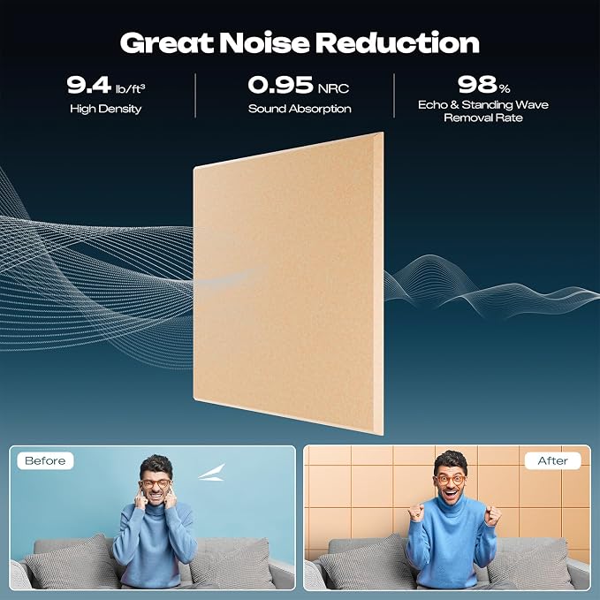 Sonicism 12 Pack Acoustic Wall Panels with Self-Adhesive, 12" X 12" X 0.4" Sound Proof Foam Panels, Decorative Soundproof Wall Panels, Sound Proof Absorbing Tiles for Home & Offices, Pale Apricot - Image 2