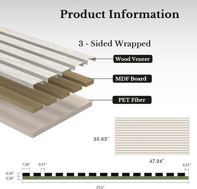 MISSDAY Wood Slat Acoustic Wall Panels, 4 Packs 47.2" x 23.6" White Soundproof Panel For Interior Wall Decor Noise Absorbing-3D Textured Wooden Panel Sound-Absorbing for Home, Office, Studio - Image 6