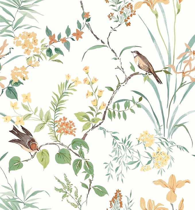 Erfoni Colorful Floral Birds Wallpaper Boho Floral Peel and Stick Wallpaper | 16.9" x118" DIY Self Adhesive Contact Paper Removable Wallpaper for Bedroom Cabinet Decor Modern Flower Leaf Vinyl Roll by Erfoni