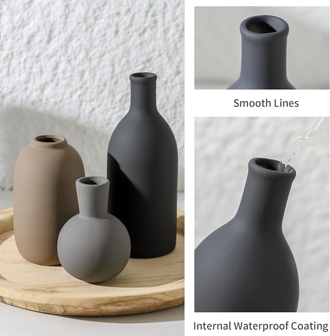 Ceramic Vase Set of 3, Rustic Farmhouse Vases Home Decor Pottery Pampas Vase Decoration Modern Neutral Flowers Vases for Room Decor, Entryway, Living Room, Table, Kitchen, Bedroom - Multicolor - Image 5