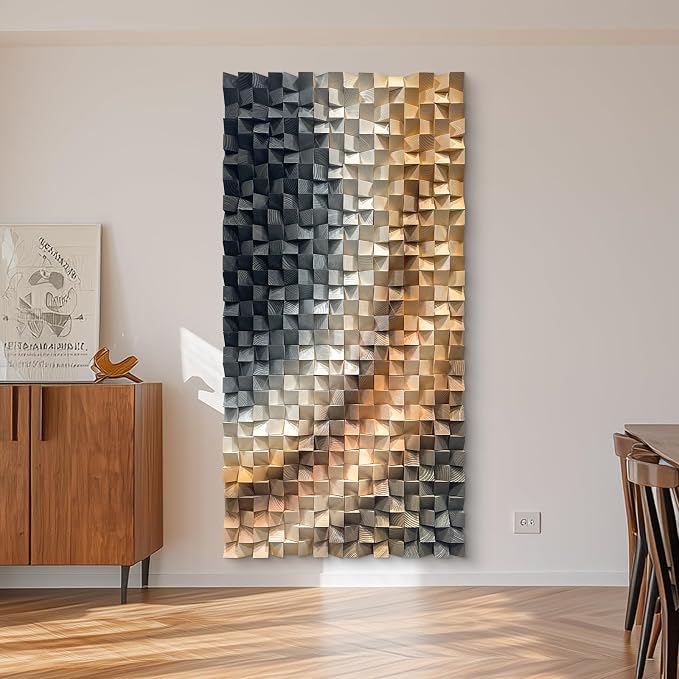 LIUZEYUE Colorful Wood Block Wall Art, Mirrored Color-Flow Mosaic | large colorful wood block wall art; navy and warm gold, tonal gradient; executive office compact wall feature; 23.6 x 47.2 in by Unknown
