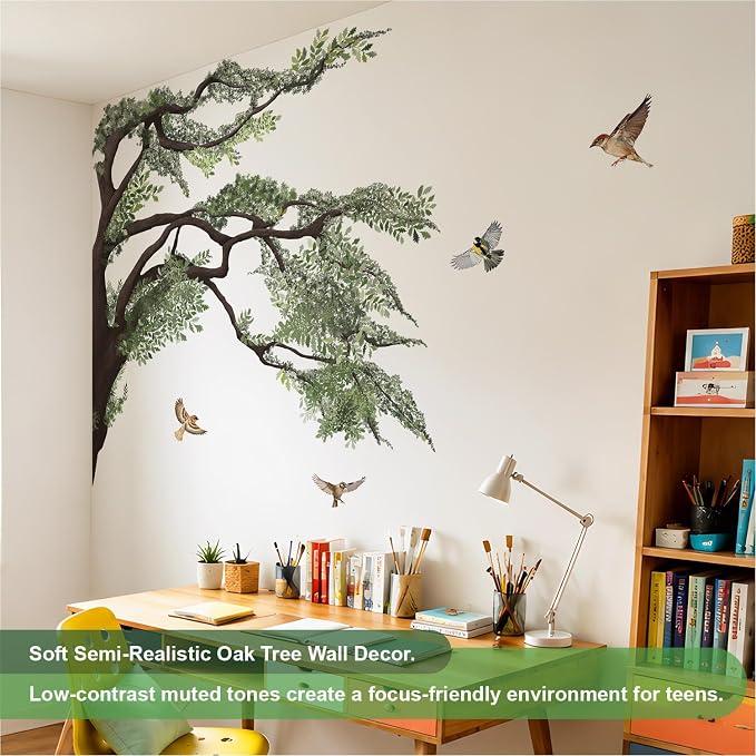 4.8 Ft x 4.6 Ft Oak Tree Wall Decals, Muted Vintage for Teen Room | Woodland Oak Tree Peel and Stick Mural, Bird on Branch, Calming Decor for Teen Study Room, Classroom and Reading Nook - Image 2