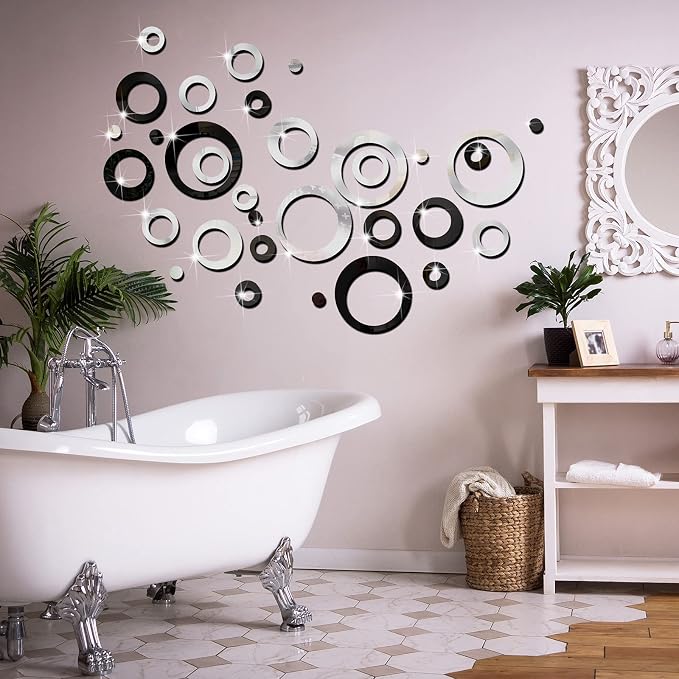 Outus 72 Pieces Wall Stickers Decor Acrylic Circle Mirror Removable Black and Sliver Wall Decor Round Dots DIY Red Living Room Decals Modern Art Murals for Home Bathroom Bedroom Decoration - Image 3