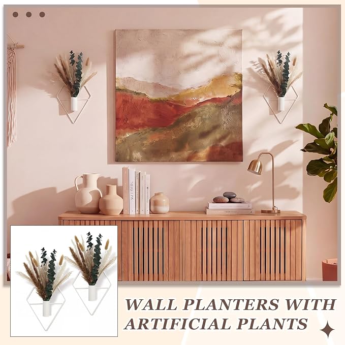 Jexine 4 Pcs Hanging Artificial Planters Wall Decor, White, Mixed Plants | Bathroom Wall Decor, Geometric Metal Vase, Indoor Plants, Living Room, Home Office, Entryway, Boho Accent, Wall Mounted - Image 6